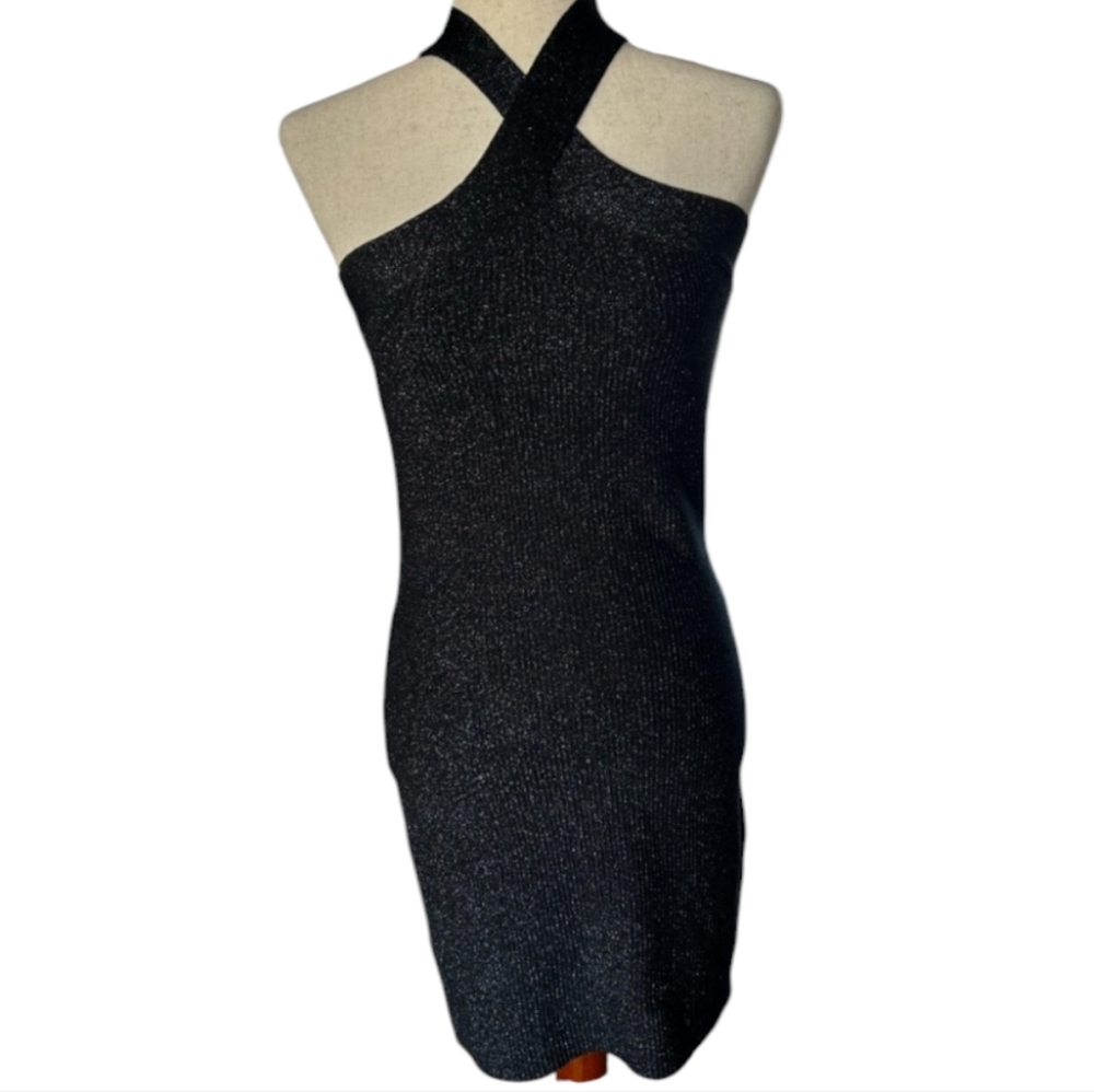 Black Metallic Bodycon Dress XS NEW Sleeveless Crisscross Cocktail Formal Party